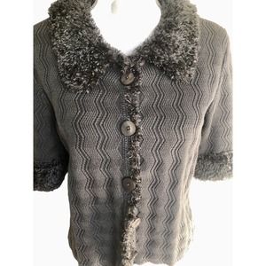 Michael Simon Rare Y2K Sweater Slate Blue Fab Buttons Fur‎ Collar Beautiful Knit